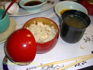 Cooked rice & Miso soup at Jyoyama in Himi